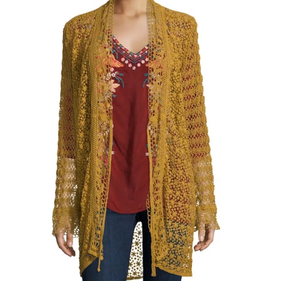 Johnny Was Long Lacy Jacket mustard brown open front cardigan